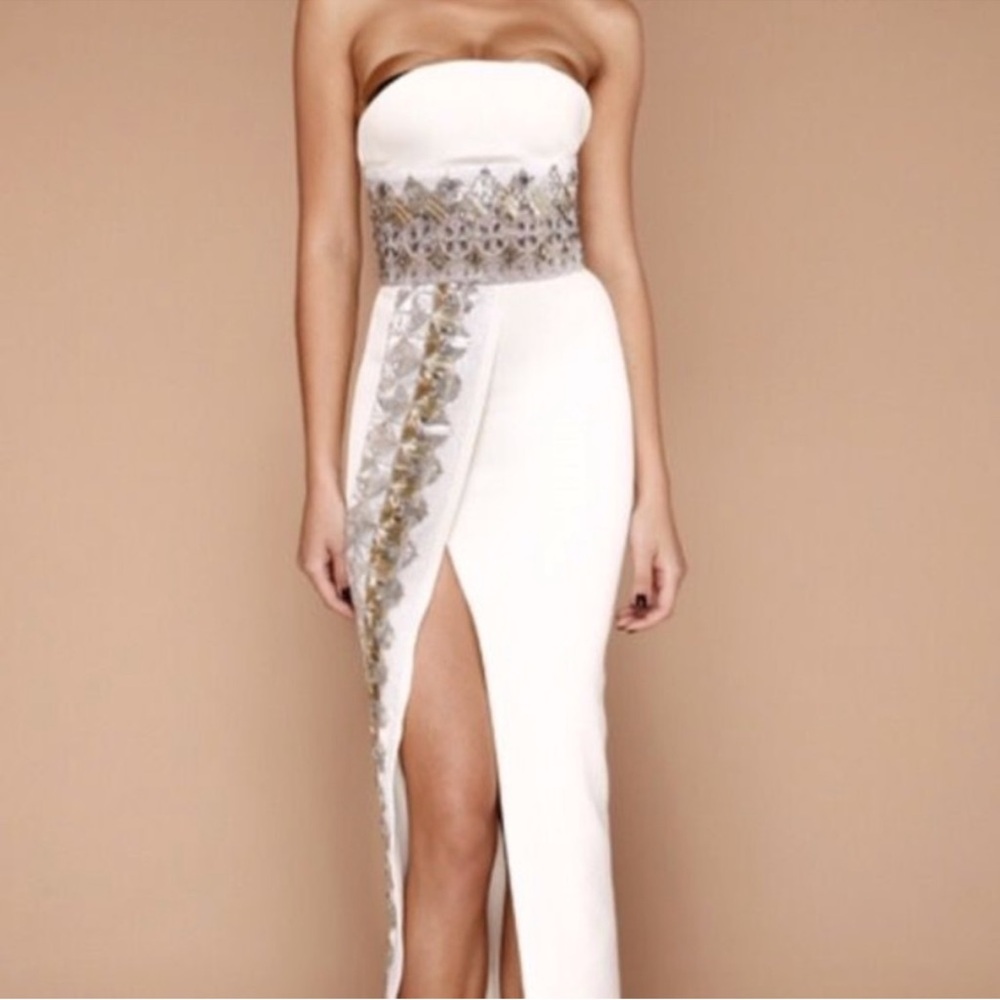 Galanni White Strapless Gown with Embellished Waist and Slit